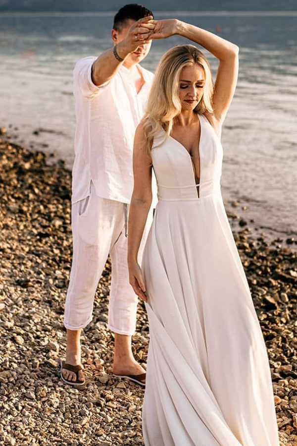 V-Neck Sleeveless Wedding Dress Beach Long - Fashionpara