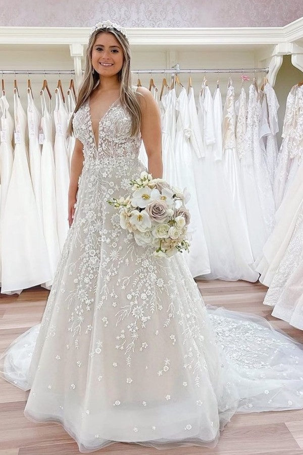 V-Neck Sleeveless Wedding Dress Long With Appliques - Fashionpara