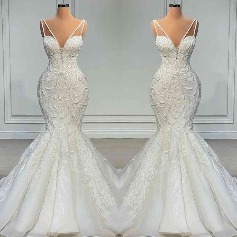 V-Neck Sleeveless Wedding Dress Mermaid Lace With Beads - Fashionpara