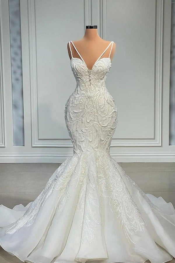 V-Neck Sleeveless Wedding Dress Mermaid Lace With Beads - Fashionpara