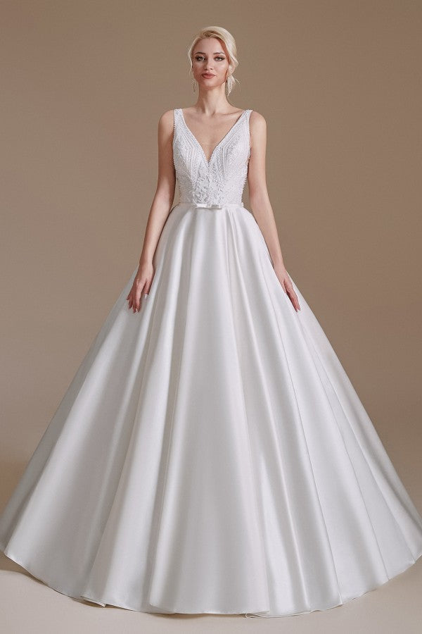 V-Neck Sleeveless Wedding Dress Princess Bridal Gowns - Fashionpara