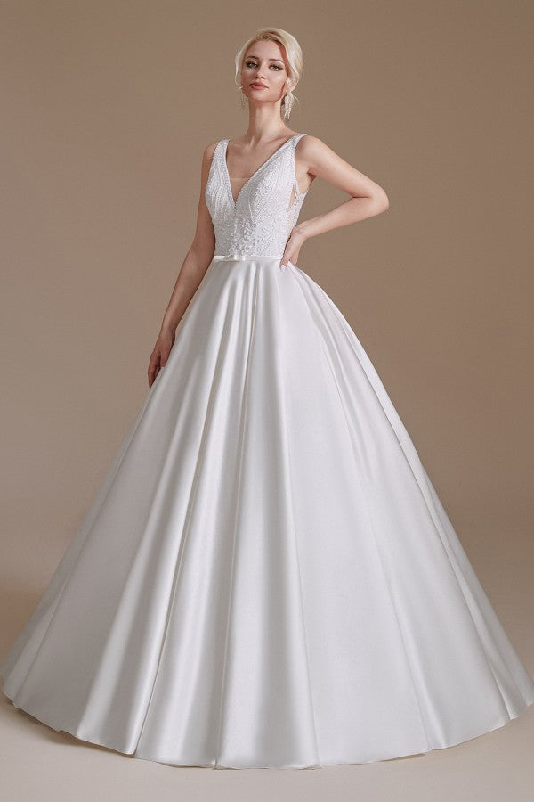 V-Neck Sleeveless Wedding Dress Princess Bridal Gowns - Fashionpara