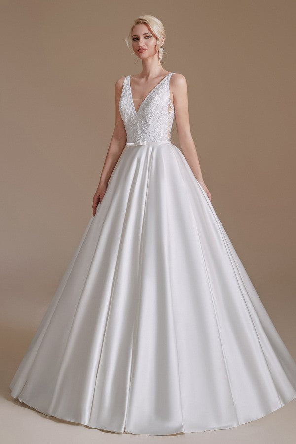 V-Neck Sleeveless Wedding Dress Princess Bridal Gowns - Fashionpara