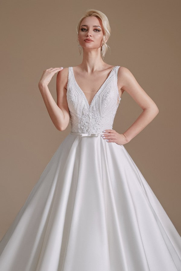 V-Neck Sleeveless Wedding Dress Princess Bridal Gowns - Fashionpara