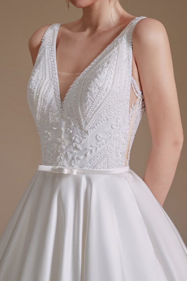 V-Neck Sleeveless Wedding Dress Princess Bridal Gowns - Fashionpara