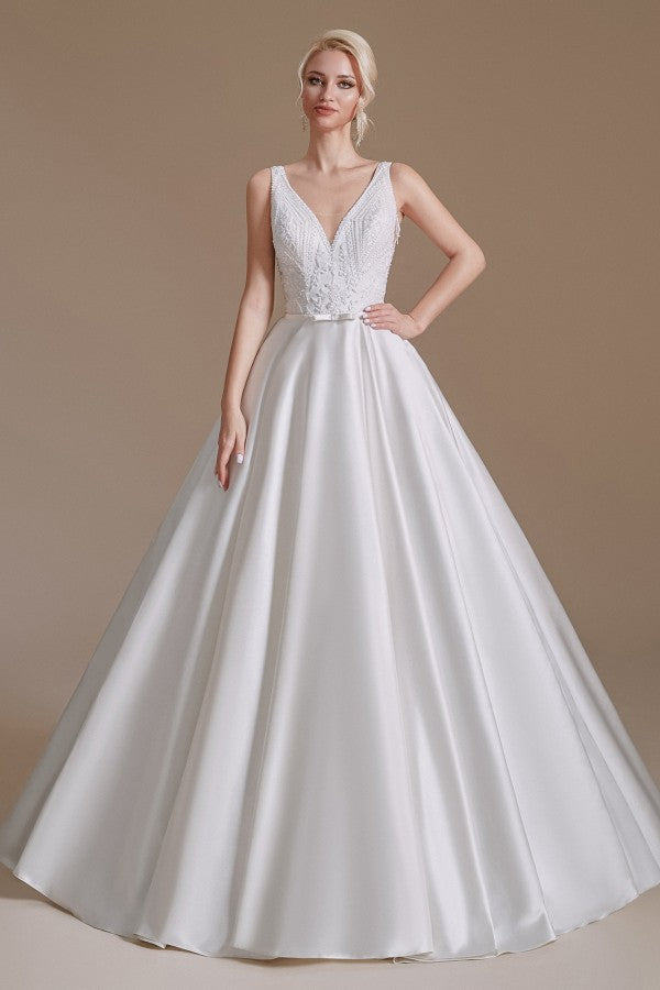 V-Neck Sleeveless Wedding Dress Princess Bridal Gowns - Fashionpara