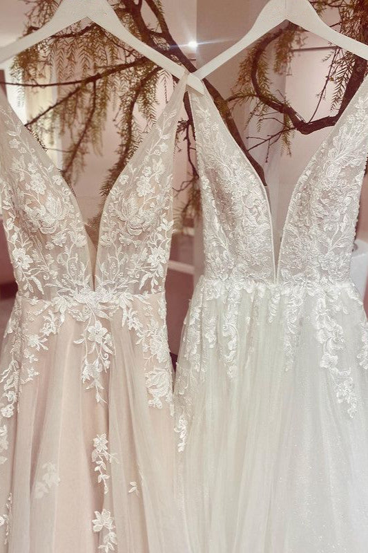V-Neck Sleeveless Wedding Dress Tulle Long With Appliques - Fashionpara