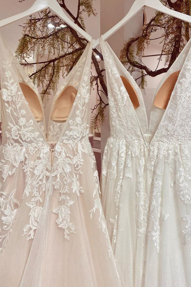V-Neck Sleeveless Wedding Dress Tulle Long With Appliques - Fashionpara