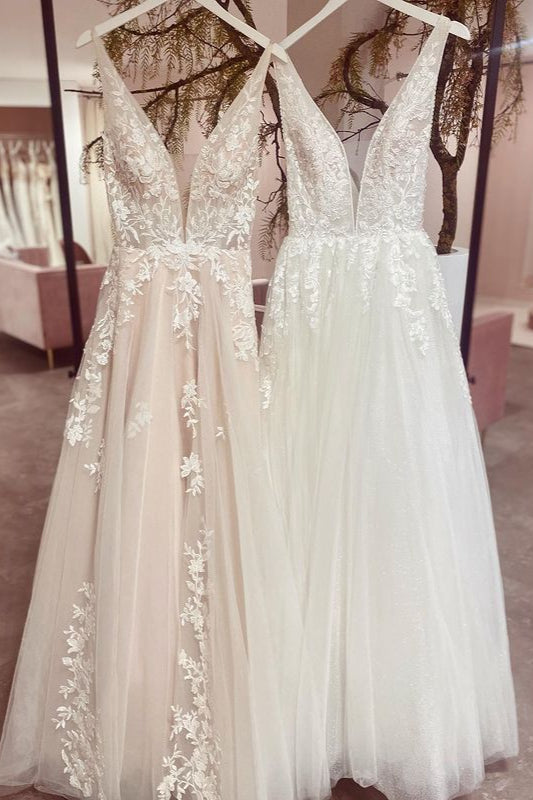 V-Neck Sleeveless Wedding Dress Tulle Long With Appliques - Fashionpara