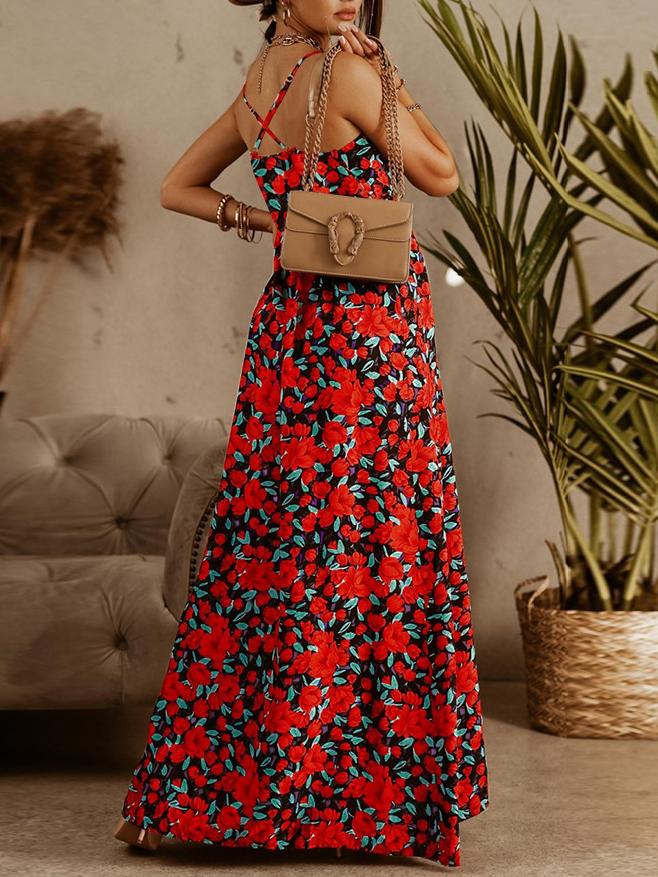 Tropical Print V-Neck Spaghetti Strap Wrap Maxi Dress
