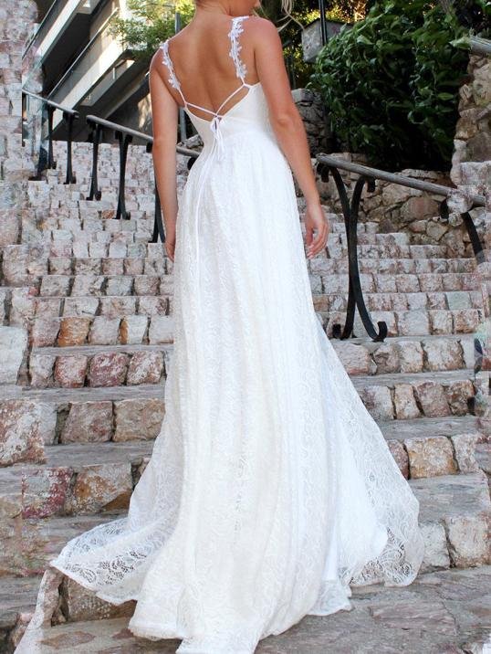 Lace V-Neck Floral Applique Spaghetti Strap A-Line Maxi Gown - View 3