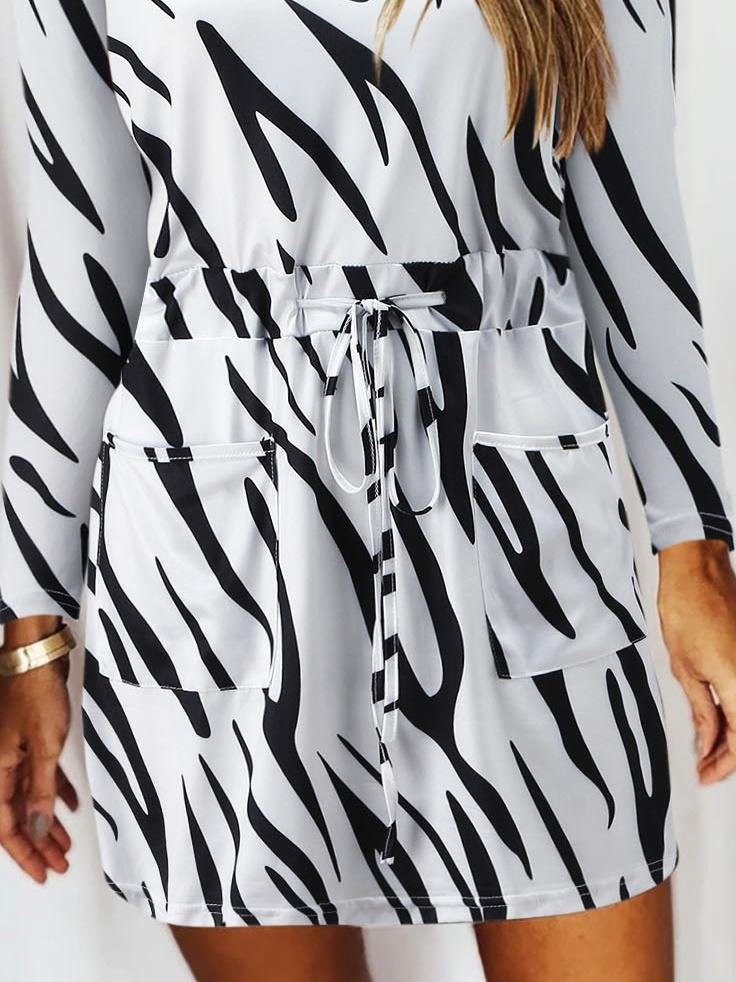 Spot Print V-Neck Long Sleeve Drawstring Shift Mini Dress