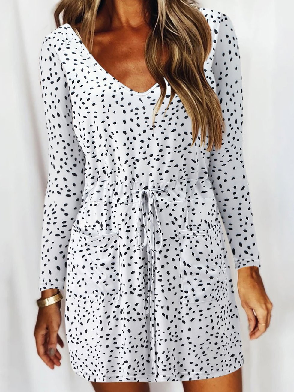 Spot Print V-Neck Long Sleeve Drawstring Shift Mini Dress