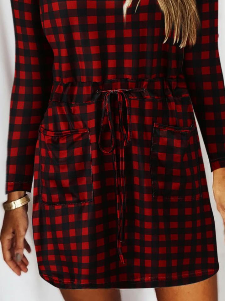 Spot Print V-Neck Long Sleeve Drawstring Shift Mini Dress
