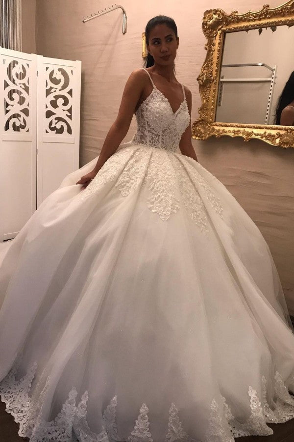 V-Neck Spaghetti-Straps Lace Wedding Dress Ball Gown Sleeveless - Fashionpara