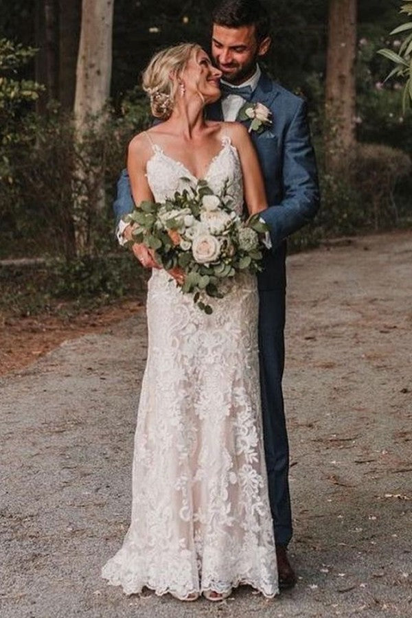 V-Neck Spaghetti-Straps Wedding Dress Lace Bridal Gowns - Fashionpara