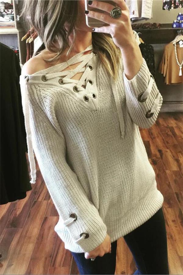 RadyRin V Neck Striped Bandage Sweater with Cross Ties