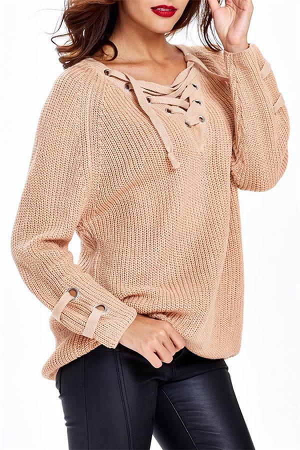 RadyRin V Neck Striped Bandage Sweater with Cross Ties