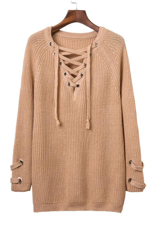 RadyRin V Neck Striped Bandage Sweater with Cross Ties