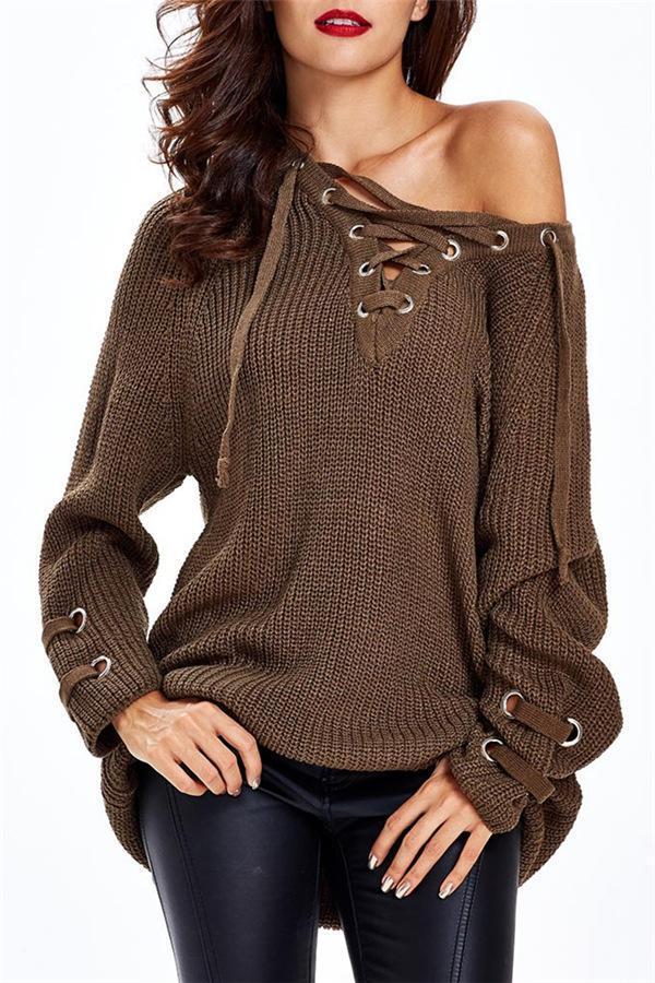 RadyRin V Neck Striped Bandage Sweater with Cross Ties