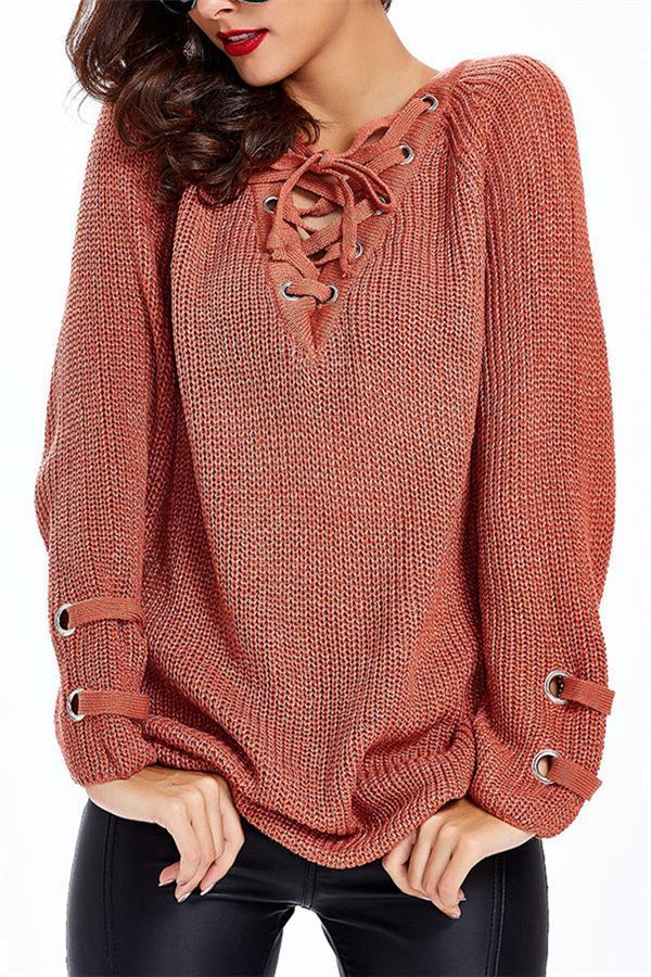 RadyRin V Neck Striped Bandage Sweater with Cross Ties