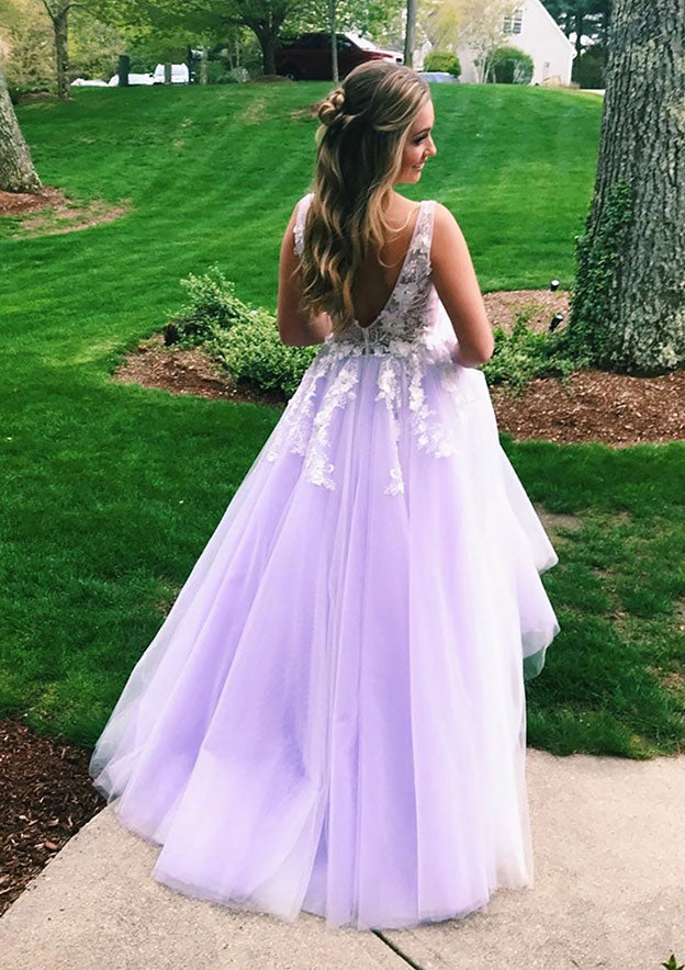 V-Neck Sweep Train Tulle Prom Dress/Evening Dress with Appliqued Princess Look - Fashionpara