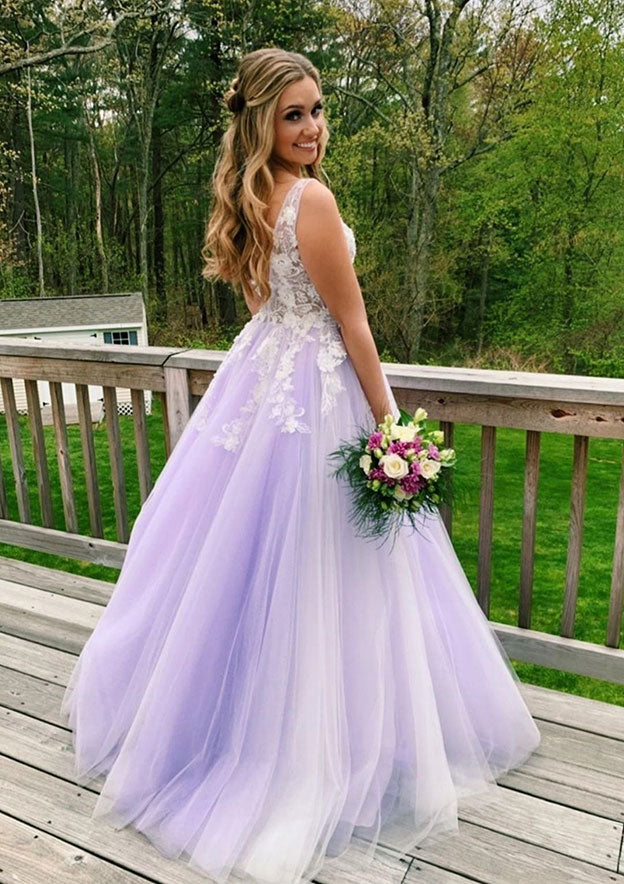 V-Neck Sweep Train Tulle Prom Dress/Evening Dress with Appliqued Princess Look - Fashionpara