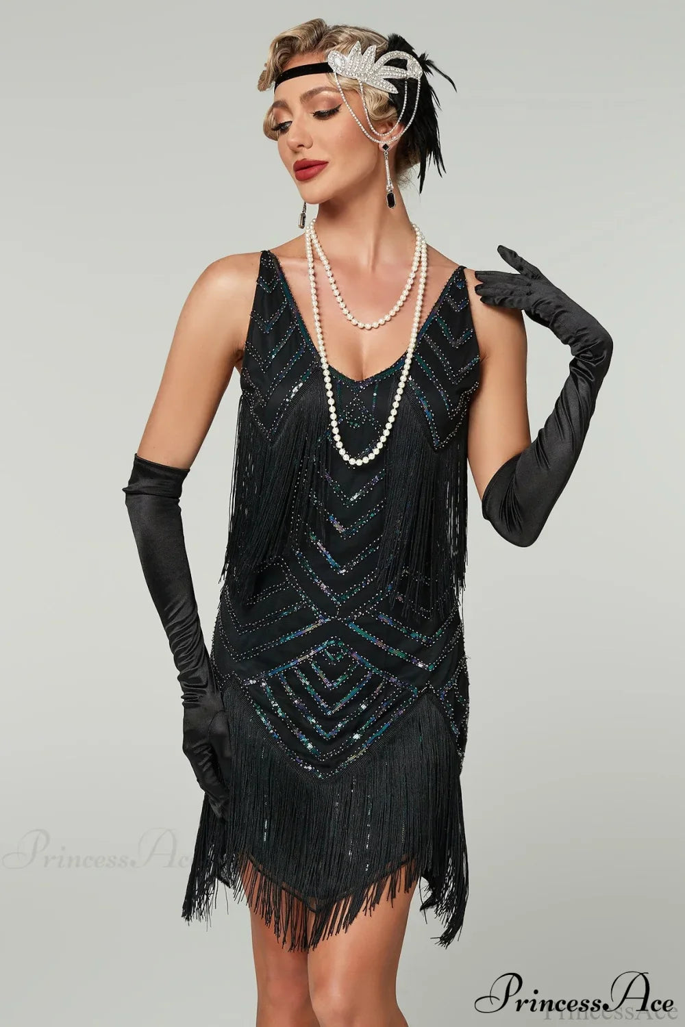 V-Neck Tassel Sequin Party Dress