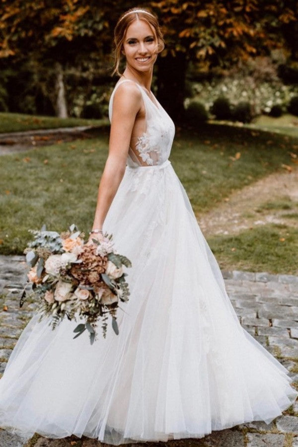 V-Neck Tulle Wedding Dress Appliques Sleeveless - Fashionpara