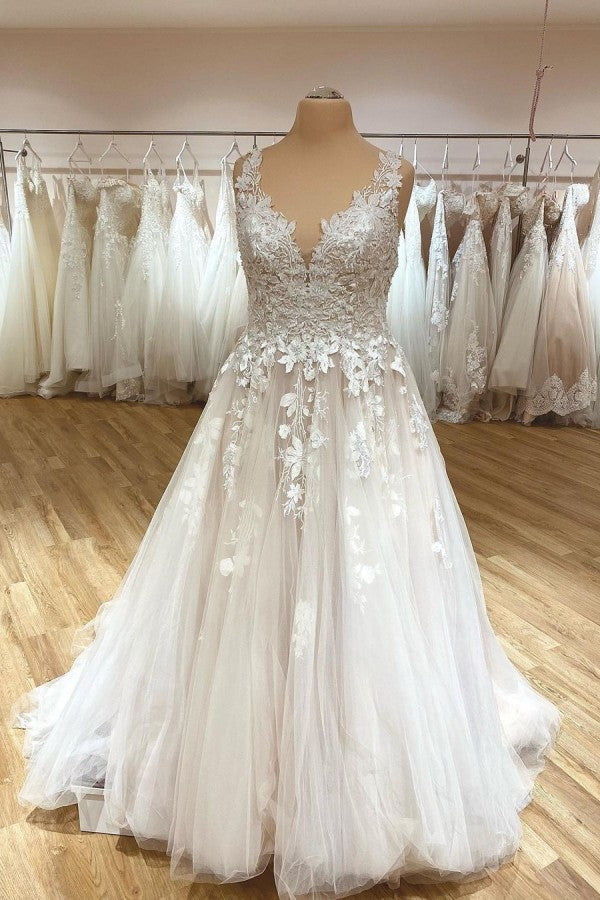 V-Neck Wedding Dress Lace Appliques Tulle Bridal Gown - Fashionpara