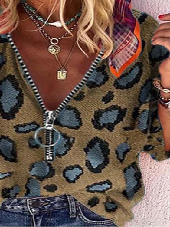 V-neck Zipper Leopard Print Casual Blouses - Fashionpara