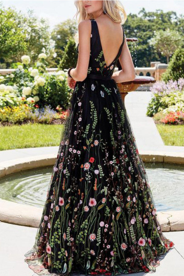 V-neck Embroidered Sleeveless Long Dress
