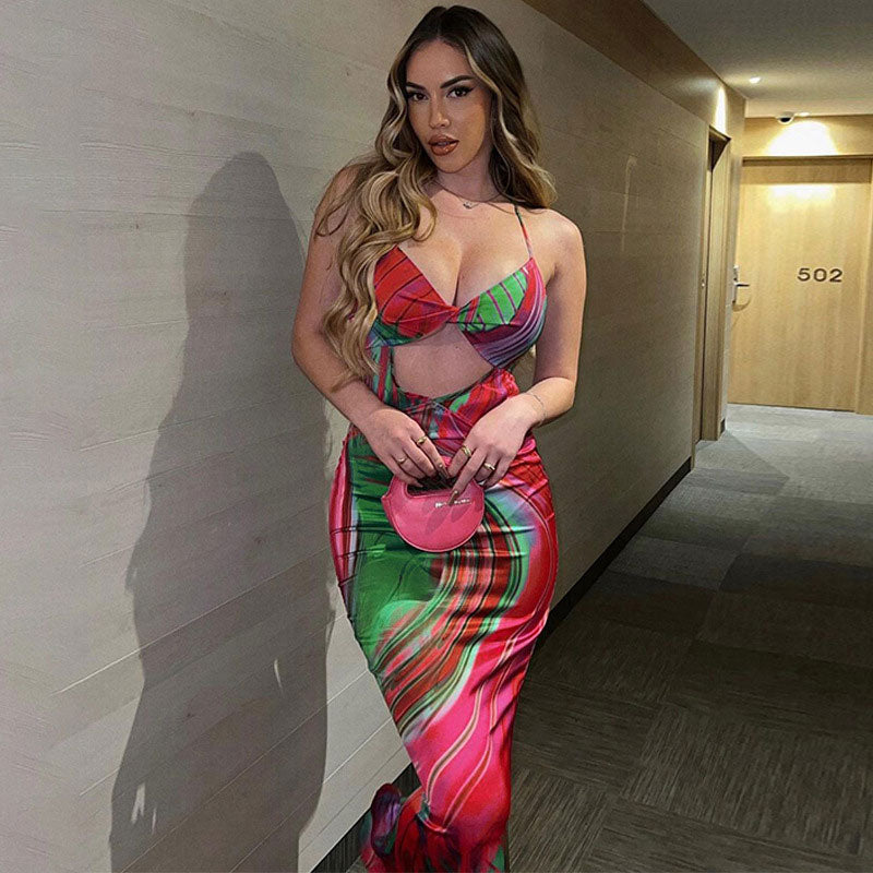 Abstract Print Halter Cowl Neck Backless Fishtail Maxi Dress 2