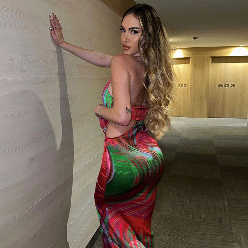 Abstract Print Halter Cowl Neck Backless Fishtail Maxi Dress 3