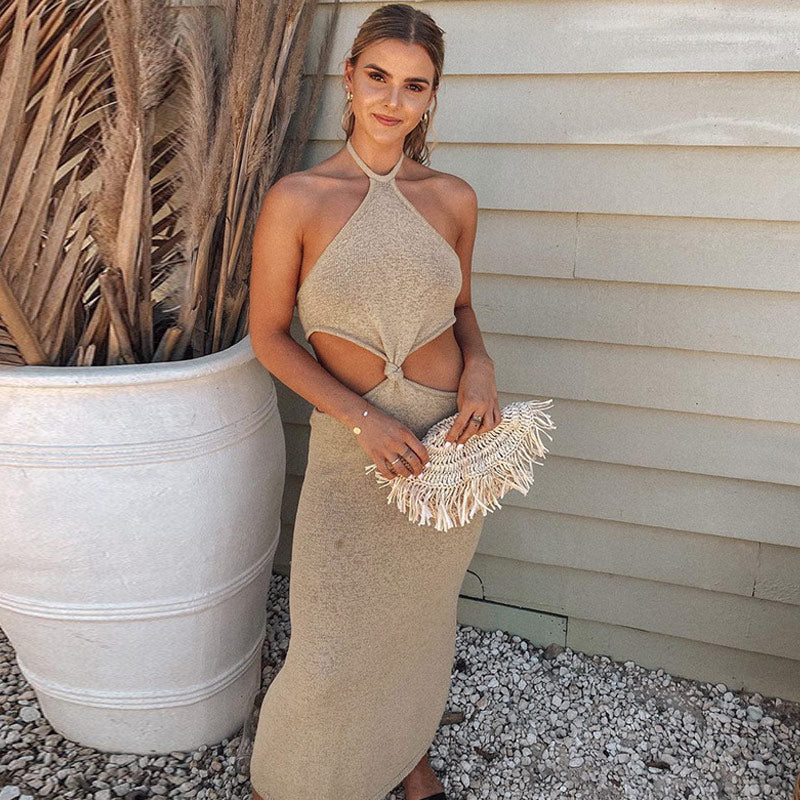 Vacation Ready Halter Neck Cut Out Side Sweater Maxi Dress - Khaki 3
