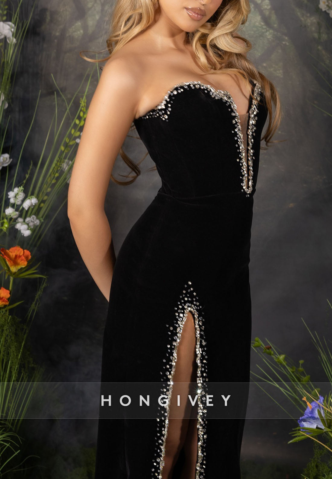 Sexy Column Floor-Length High Slit Trim V Neck Evening Gown