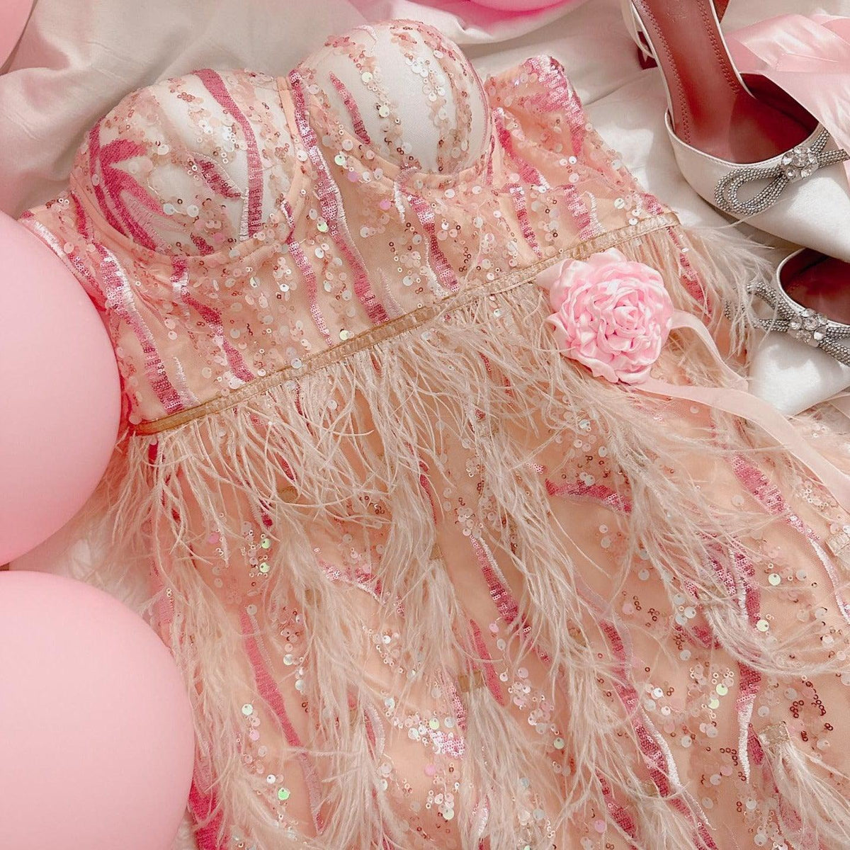 Sequin Strapless Corset Feather Fringe Mini Dress 6