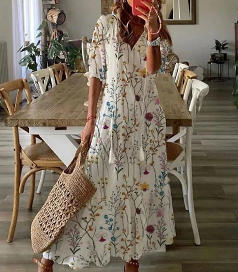 Floral Print Tassel Tie Drawstring Deep V-Neck Tiered Dress - View 4