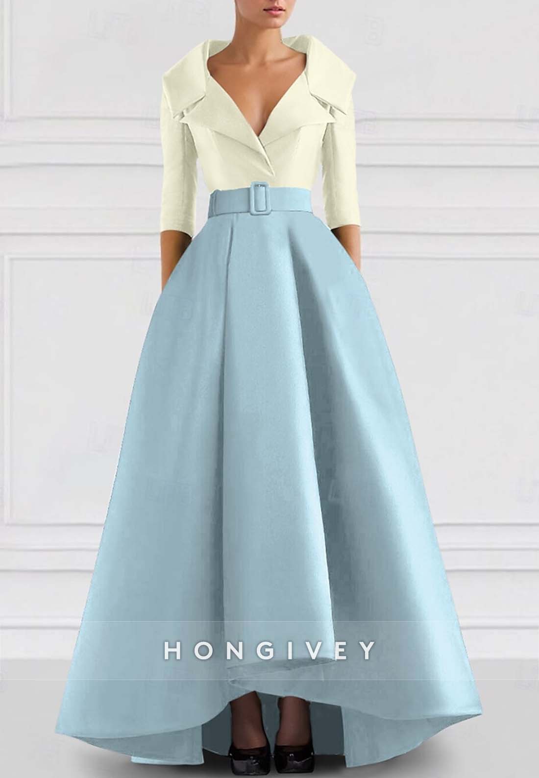 A-line Asymmetrical Evening Gown V Neck Half Sleeve Pockets Pleated Waistband Mother of the Bride