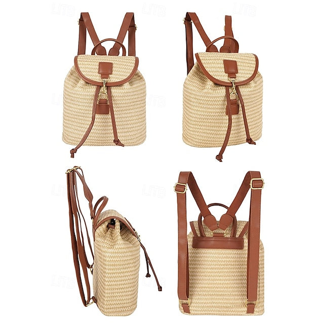 Straw Rattan with Bag Woven Boho for Backpack Travel