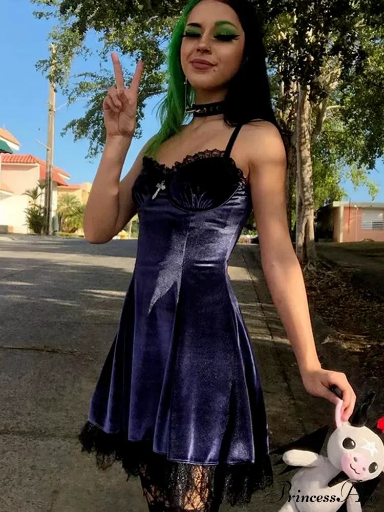Velvet Gothic Sexy Black Vintage Spaghetti Strap High Waist Aesthetic Elegant Party Dress