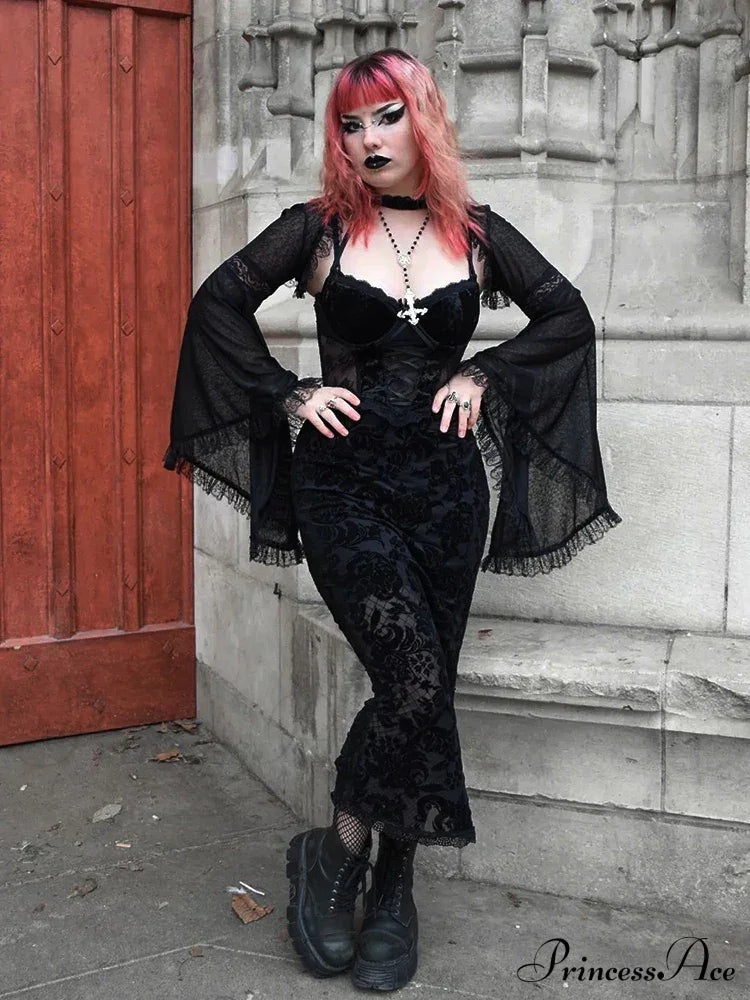 Velvet Lace Corset Bandage Midi Gothic Harajuku Street Mesh Print Sling Club Dress