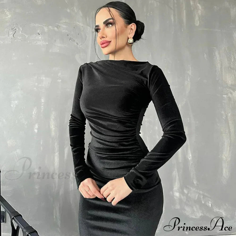 Velvet Long Sleeve Midi Dress - Elegant Party Clothes For Christmas Black / S Dresses-L