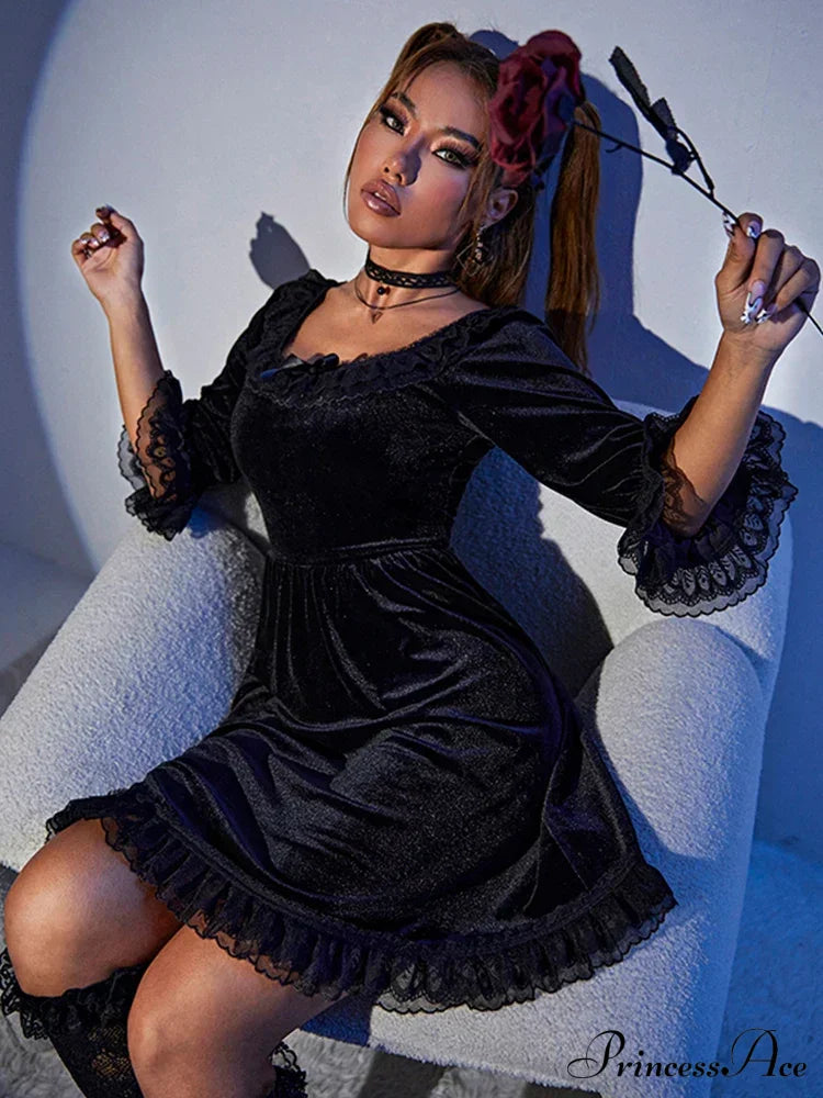 Velvet O-Neck Lace Harajuku Half Lantern Sleeve Lolita A-Line Vintage Party Dress
