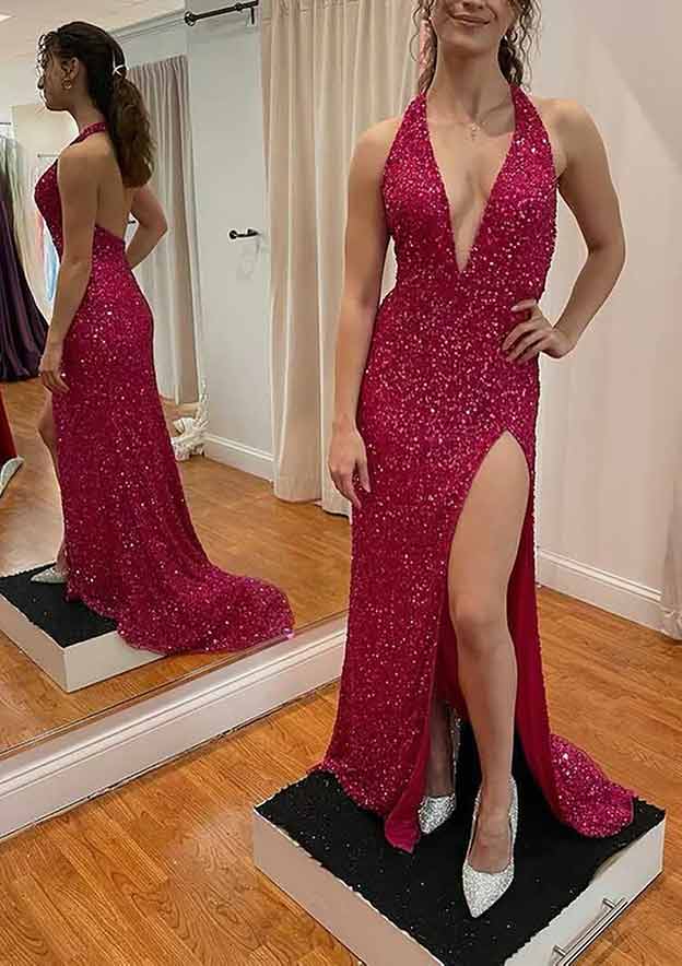 Velvet Sequins Prom Dress/Evening Dress With Split - Sheath/Column V-Neck Sleeveless Court Train - Fashionpara