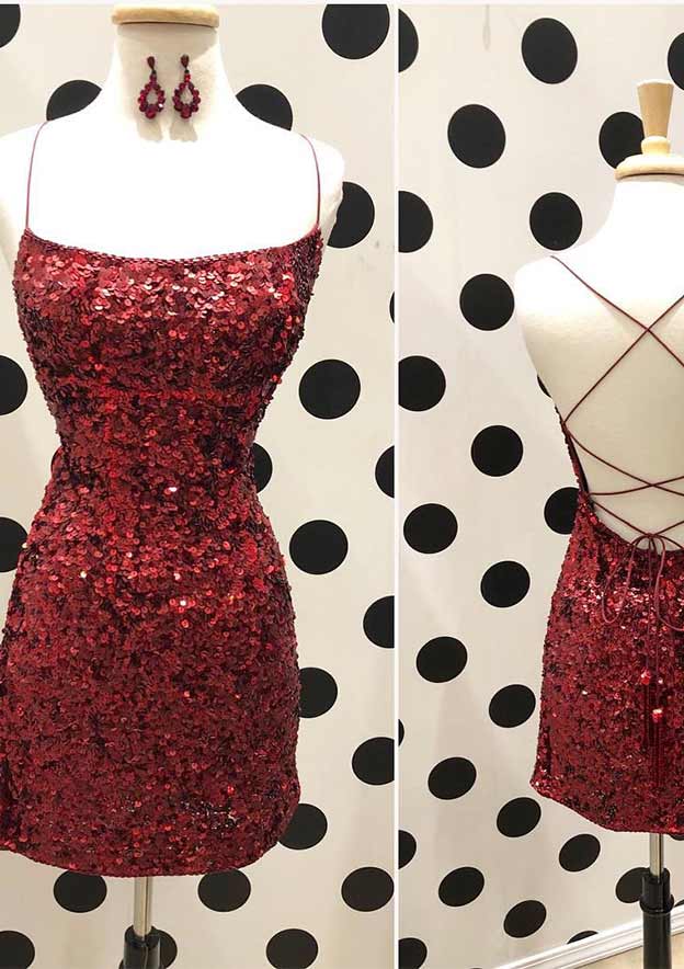 Velvet Sequins Short Dress with Column Square Neckline - Fashionpara