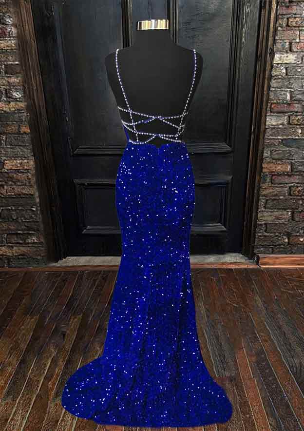 Velvet Sequins Trumpet/Mermaid Prom Dress/Evening Dress with Sleeveless V-Neck and Sweep Train - Fashionpara