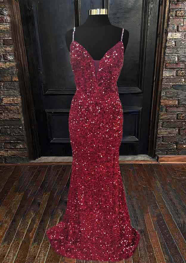 Velvet Sequins Trumpet/Mermaid Prom Dress/Evening Dress with Sleeveless V-Neck and Sweep Train - Fashionpara