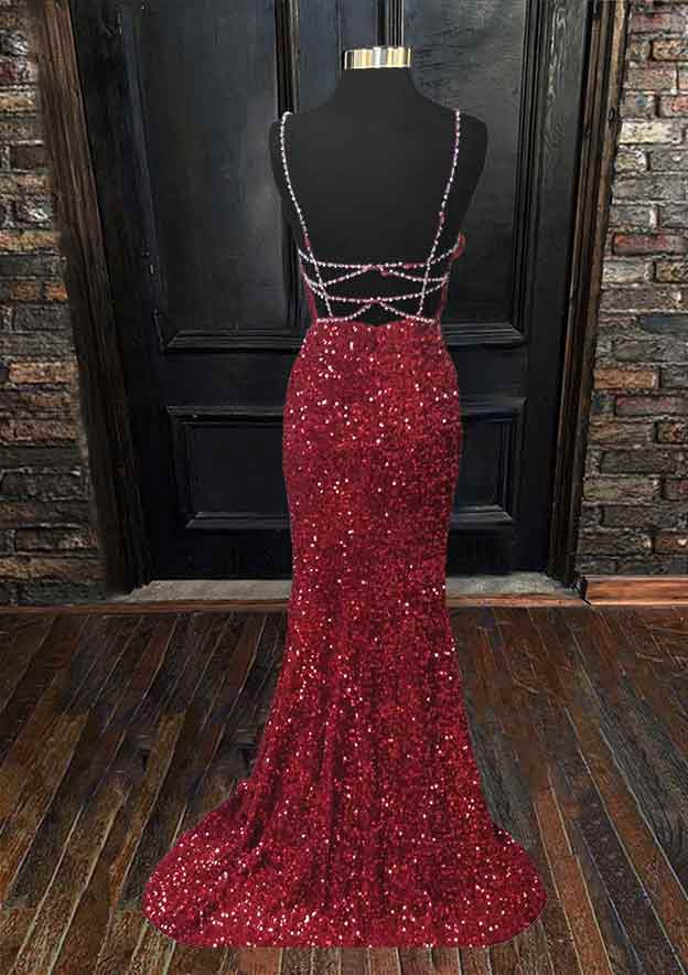 Velvet Sequins Trumpet/Mermaid Prom Dress/Evening Dress with Sleeveless V-Neck and Sweep Train - Fashionpara