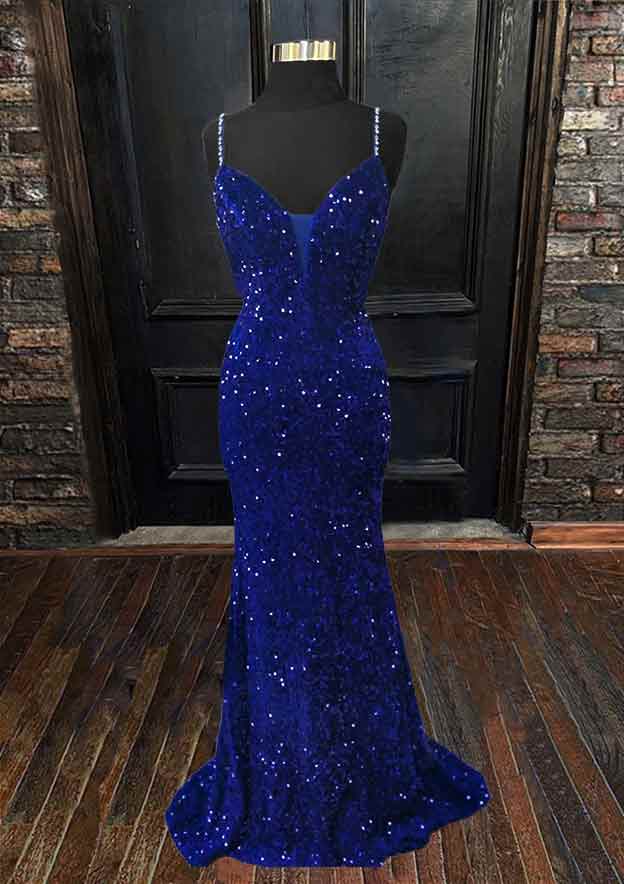 Velvet Sequins Trumpet/Mermaid Prom Dress/Evening Dress with Sleeveless V-Neck and Sweep Train - Fashionpara
